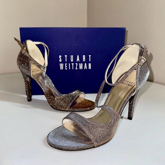 ✨STUART WEITZMAN Vixen Glitter Metallic Woven Strappy Sandals Pyrite Size 6.5 - Picture 16 of 16